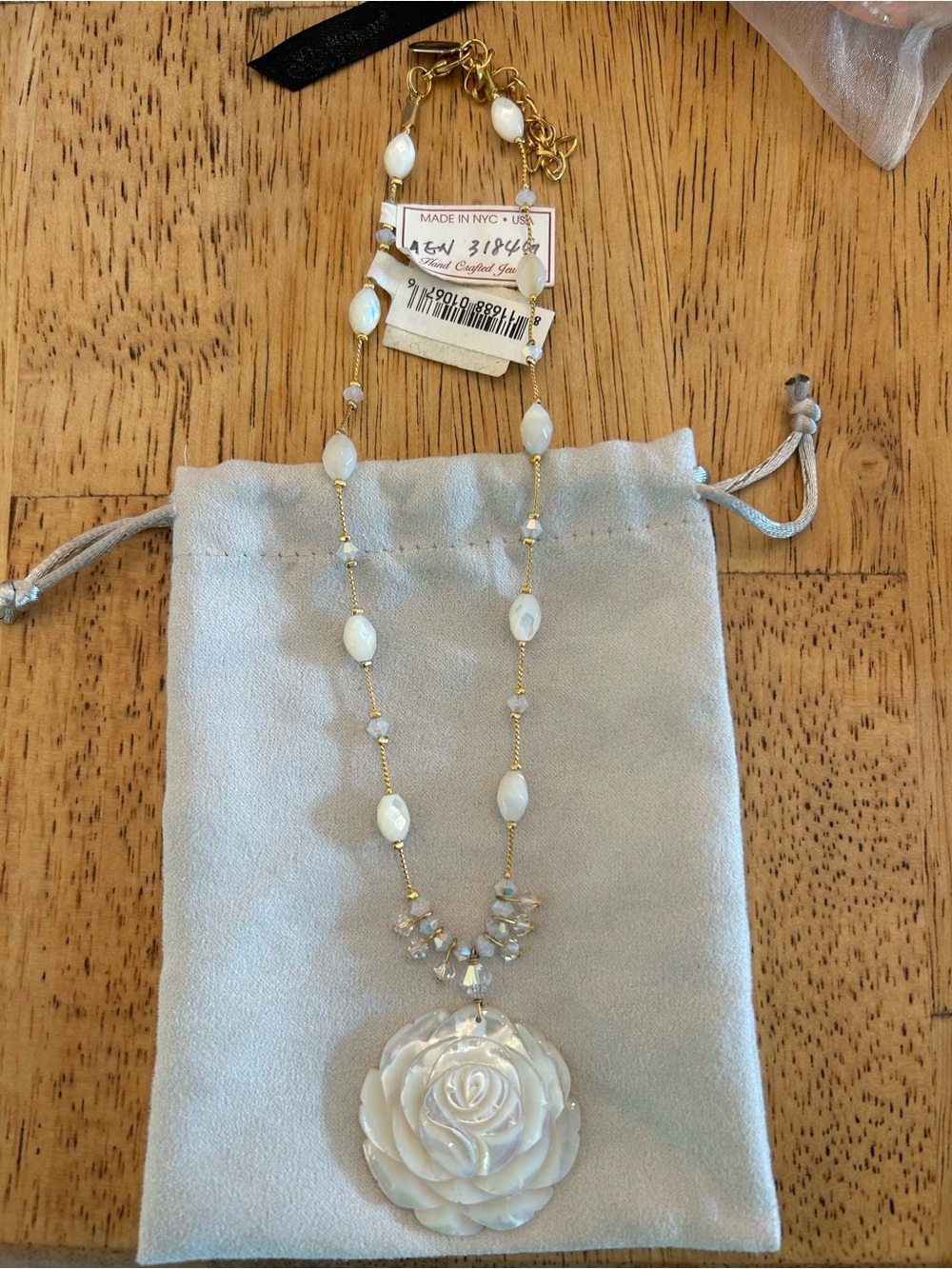 Gold-Tone Necklace with White Mother-of-Pearl Rose Pendant
